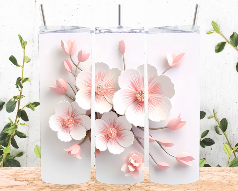 3D Pink White Botanical Flowers (20 oz) Sublimation Tumbler Transfer